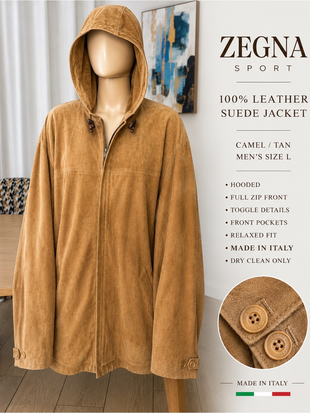 Zegna Sport 100% Leather Suede Hooded Jacket Camel Tan Men’s L